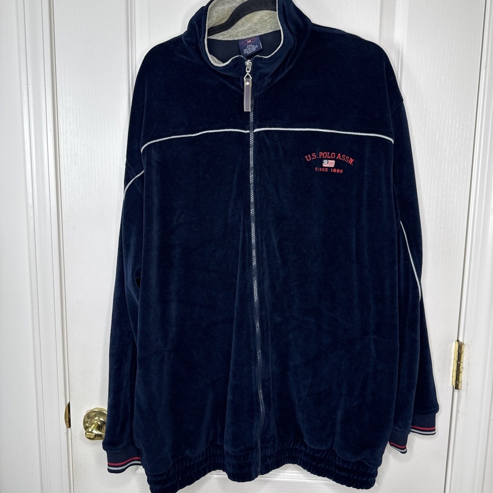 US Polo Assn Mens 2XL Navy Velour Track Jacket Full Zip Y2K Striped Cuff Retro
